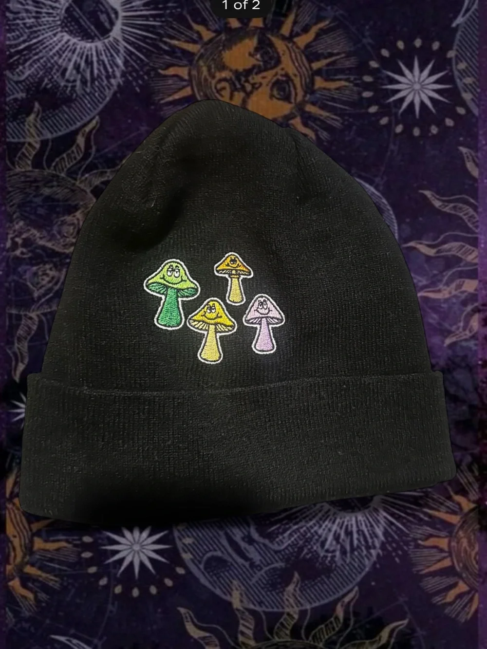 Black Kids Beanie with Colorful Mushroom Embroidery